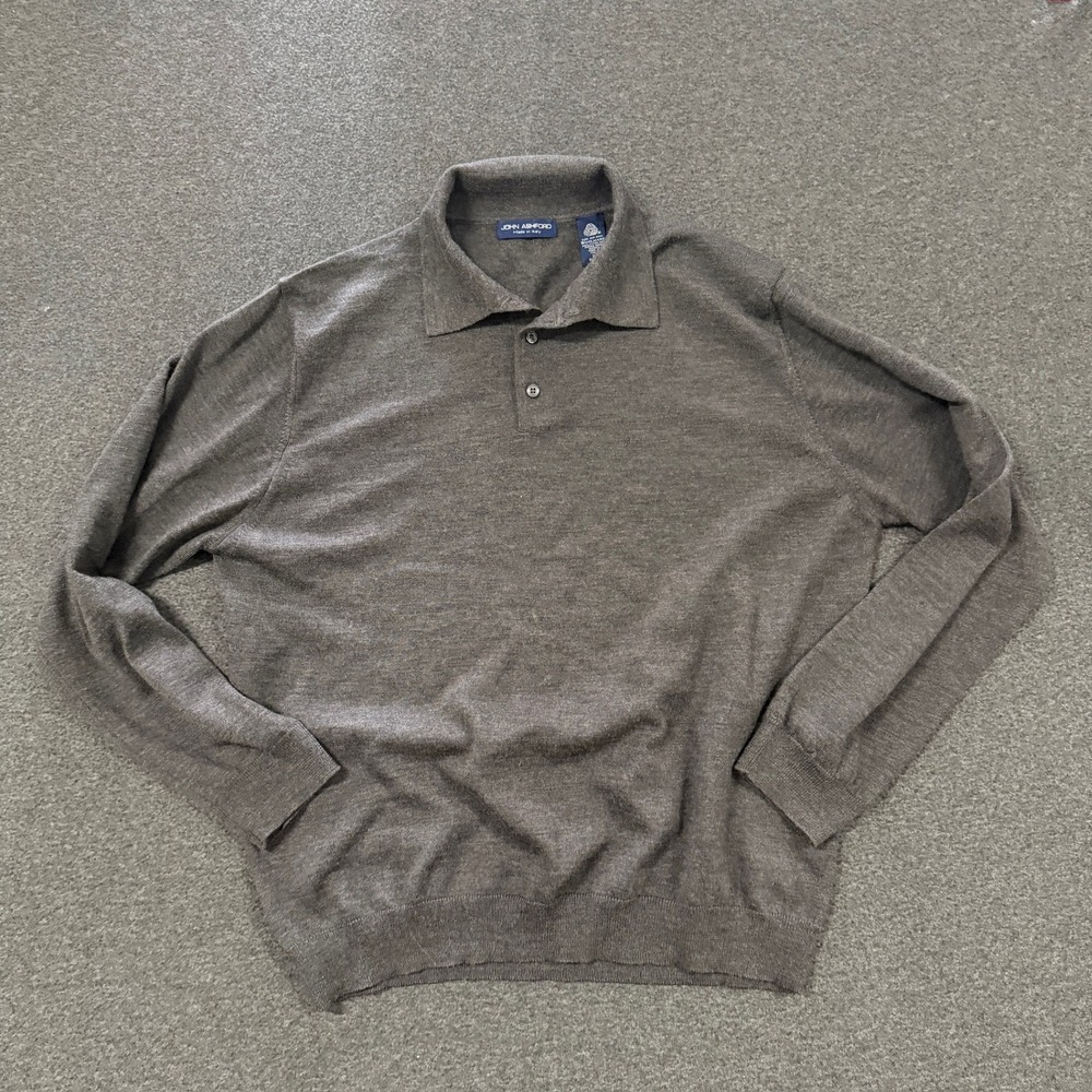 Vintage John Ashford Merino Wool Polo Sweater Mens XL Grey Good Italian Knit